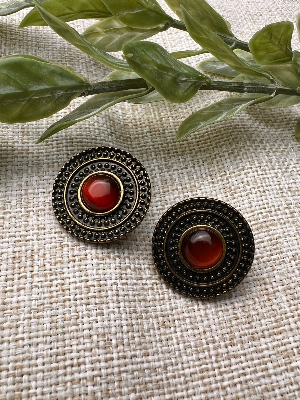 VINTAGE Oxidized Bronze-Tone Round Circle Earrings with Red Gemstones